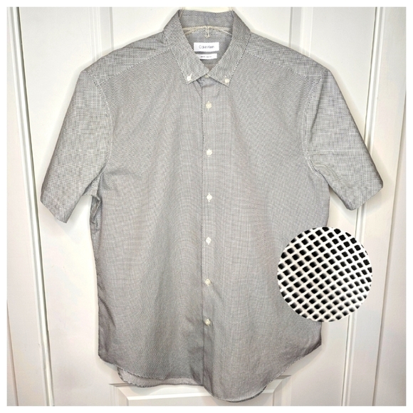 Calvin Klein CK Mens Dressy 100% Cotton Button Up White Black Office Shirt M - Picture 3 of 6